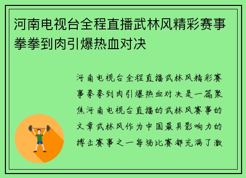 河南电视台全程直播武林风精彩赛事拳拳到肉引爆热血对决